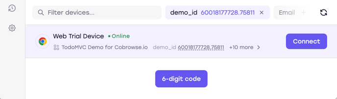 Screenshot showing the Smart connect button and the 6-digit code